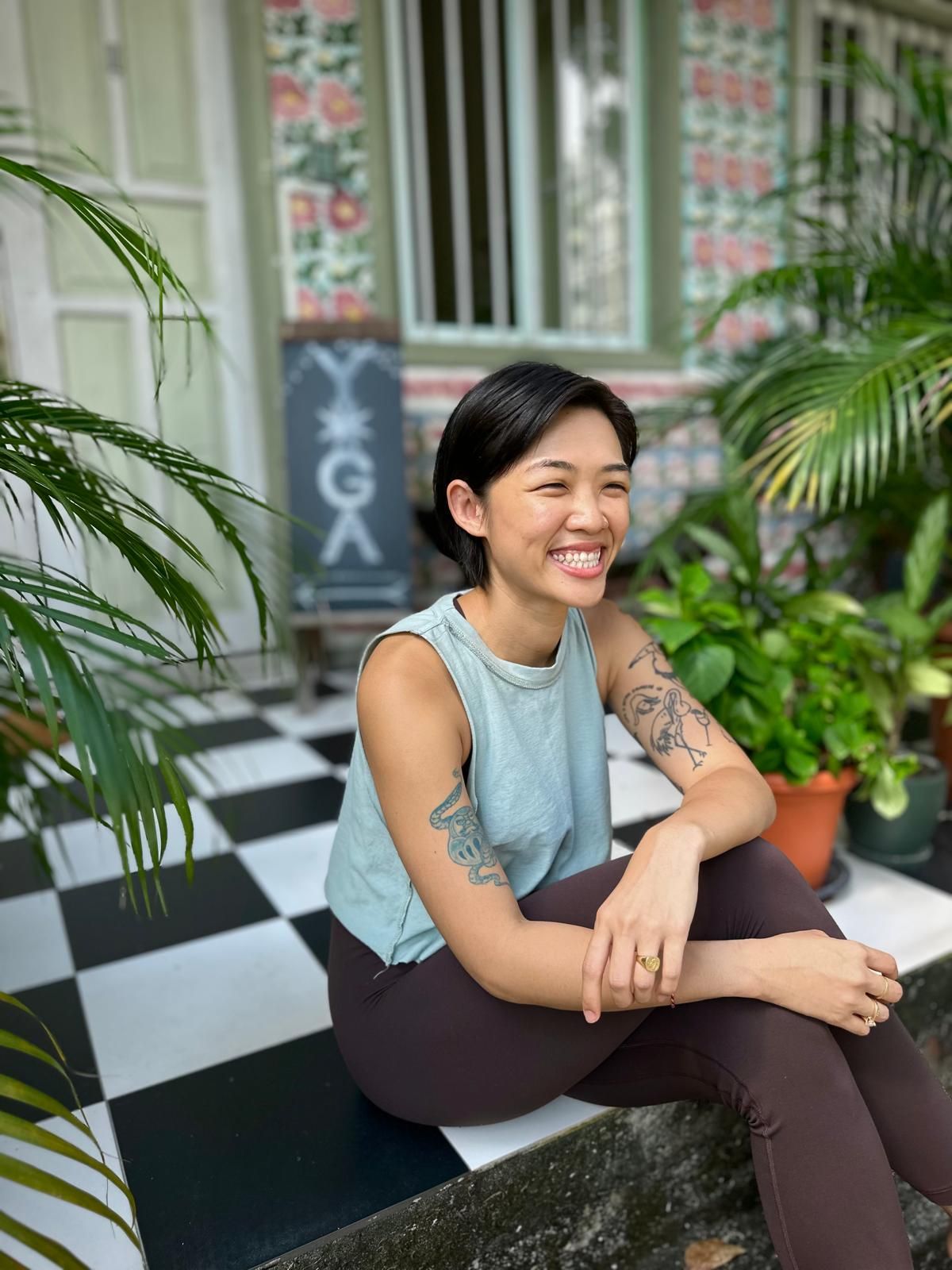 Tiffany Ann Chow mid-movement in an active mobility position